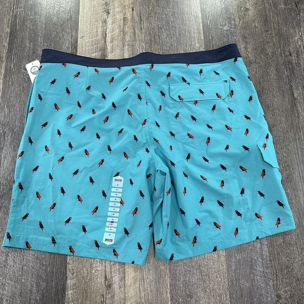 NWT‎ Duluth Trading Company Mens Board Shorts Sz 48 Blue Drawstring Parrot Print